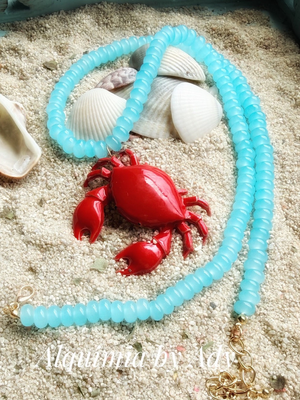Alquimia Red Crab Pendant Necklace with Turquoise crystal Beads - Picture 2 of 4